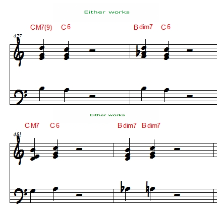 Two valid block chord choices for seventh and ninth melody notes