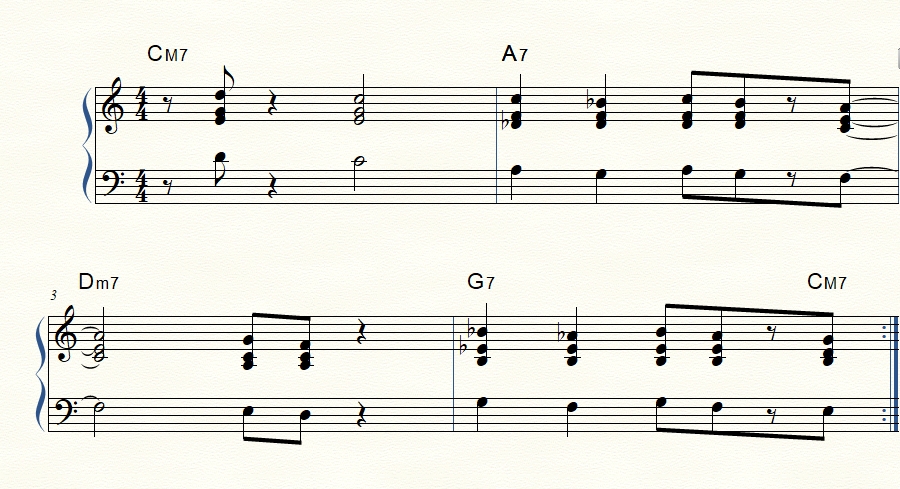 Two-handed jazz piano voicings in a one six two five progression