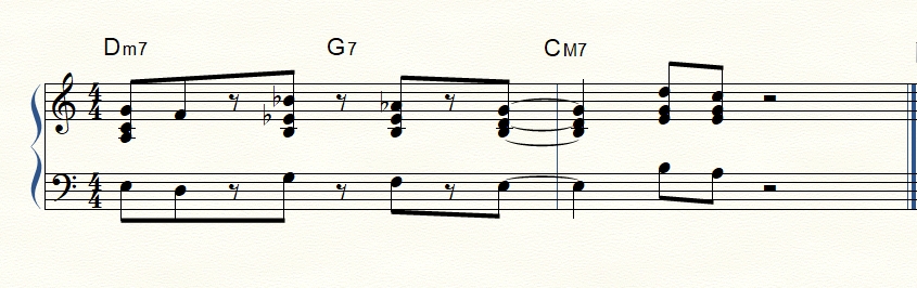 Two-handed jazz piano voicings in a major two five one