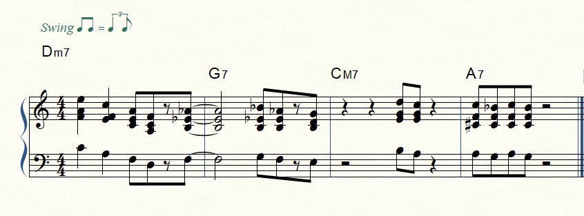 Basic two-handed jazz piano voicing exercise