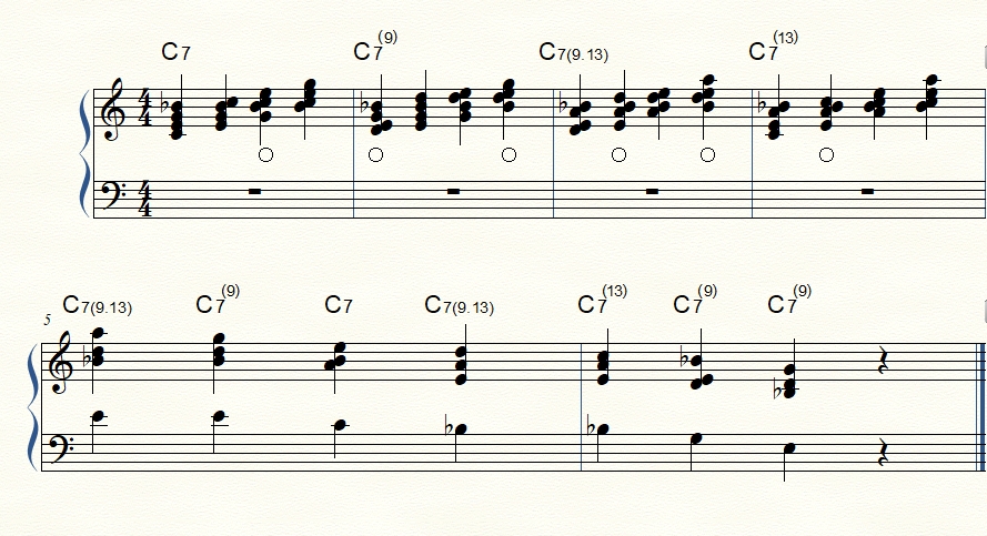 Dominant seventh two-handed voicings with natural tensions