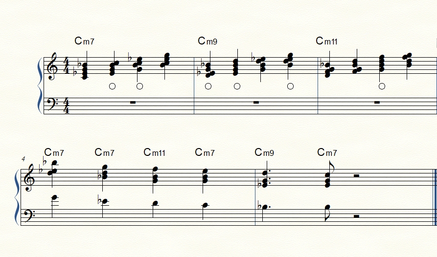 Minor seventh two-handed voicings arranged by top note